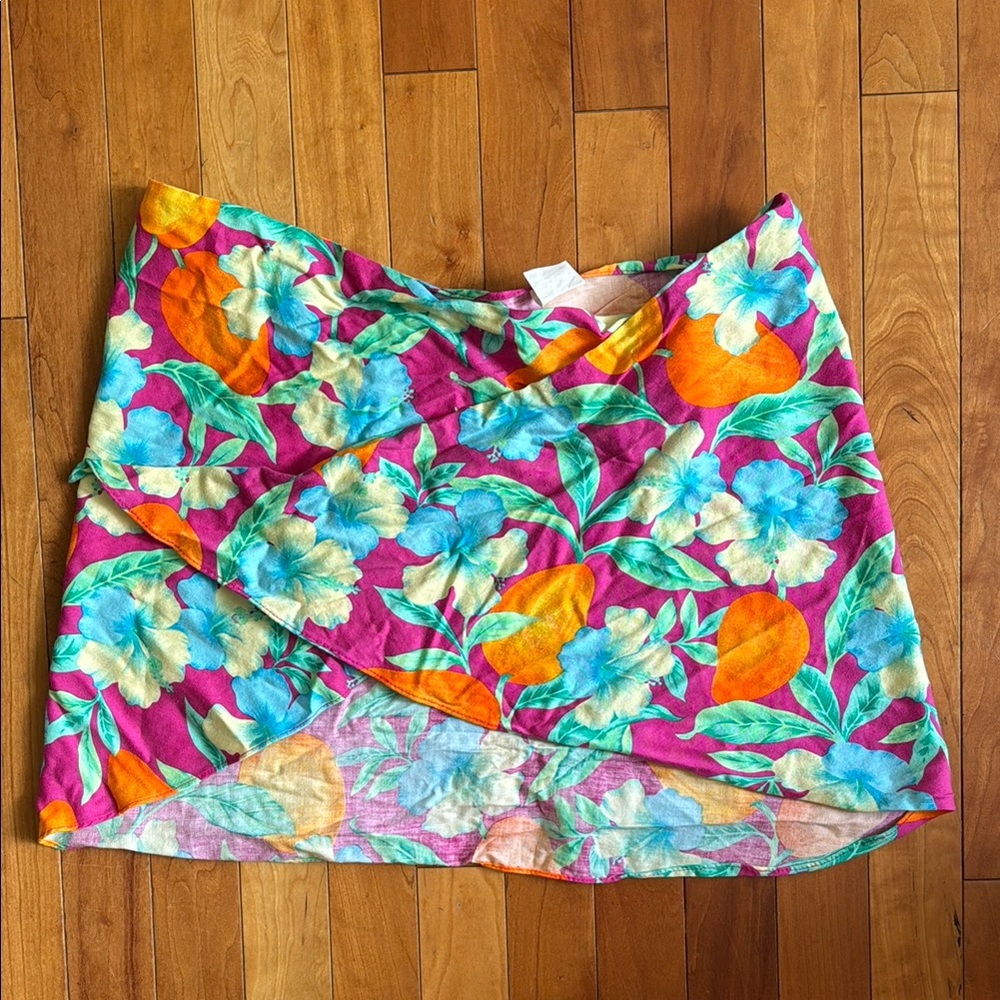 Colorful Floral and Fruit Wrap Skirt